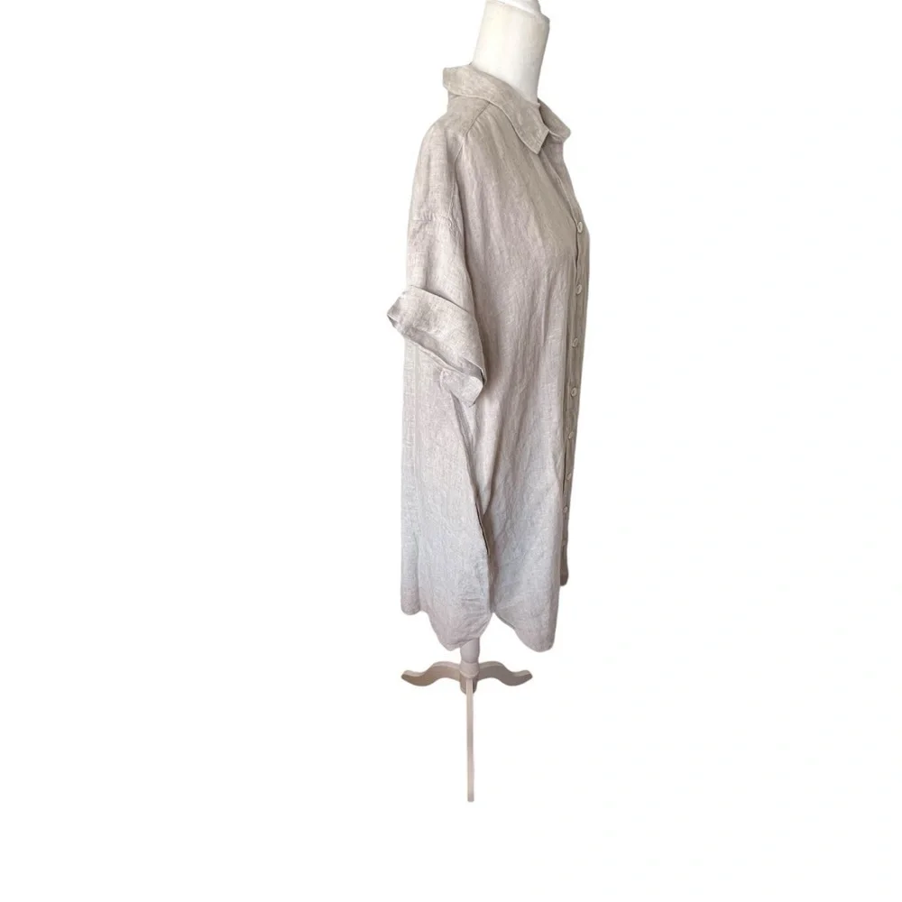 Button-Front Tie Waist Linen Dress in Light Beige